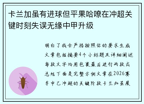 卡兰加虽有进球但平果哈嘹在冲超关键时刻失误无缘中甲升级