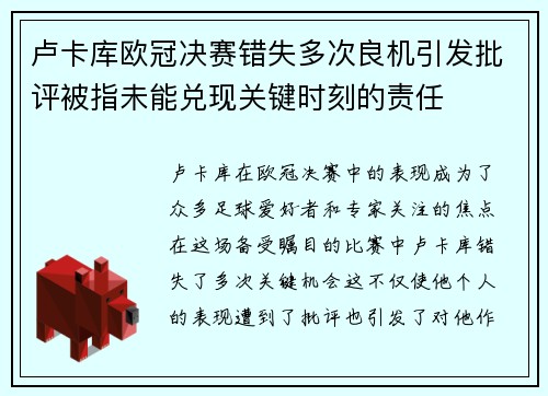 卢卡库欧冠决赛错失多次良机引发批评被指未能兑现关键时刻的责任