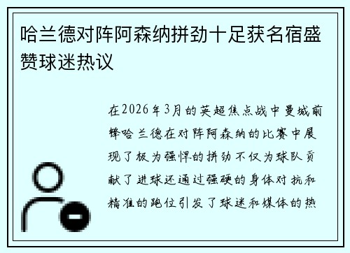 哈兰德对阵阿森纳拼劲十足获名宿盛赞球迷热议